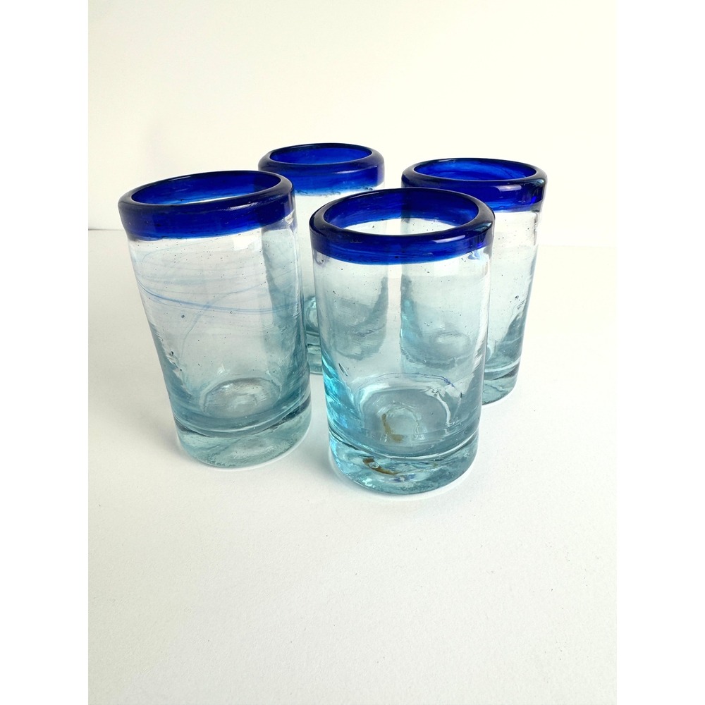 Set of 4 Mexican Hand Blown Glass Tumblers Aqua with Cobalt Blue Rim Bubbles